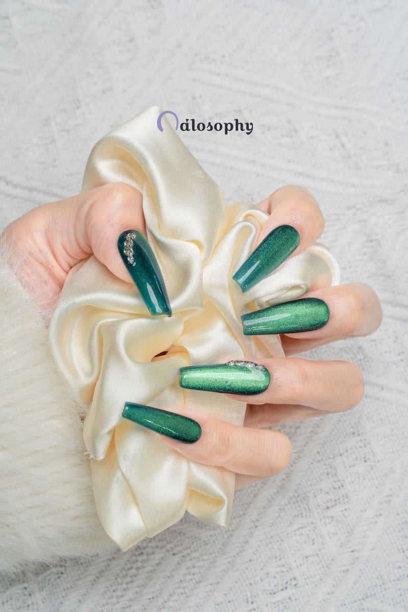 Nailosophy Handmade Gel Press-on Nails Emerald Green Cat-Eye with Rhinestones | Coffin Shape - Image 4